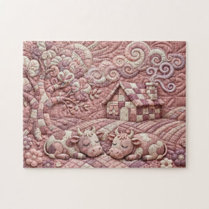Dusty Rose Quaint Quilted Cows Patchwork Pastoral Jigsaw Puzzle