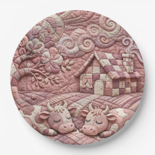 Dusty Rose Quaint Quilted Cows Patchwork Pastoral  Paper Plate