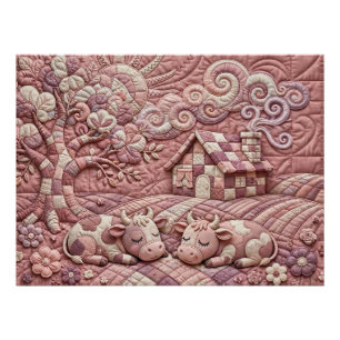 Dusty Rose Quaint Quilted Cows Patchwork Pastoral Poster
