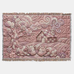 Dusty Rose Quaint Quilted Cows Patchwork Pastoral Throw Blanket