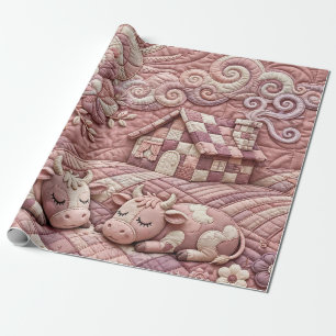 Dusty Rose Quaint Quilted Cows Patchwork Pastoral Wrapping Paper