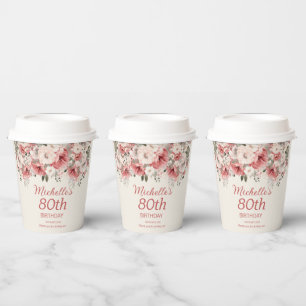 Dusty Rose Red Cream Watercolor Floral 80th  Paper Cups