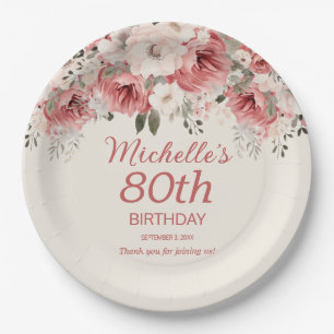 Dusty Rose Red Cream Watercolor Floral 80th  Paper Plate