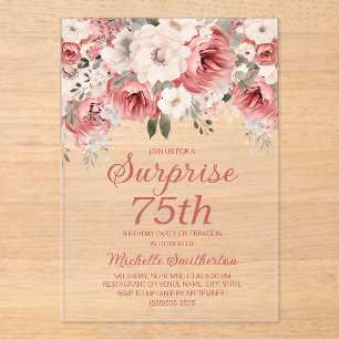Dusty Rose Red Cream Watercolor Floral Surprise 75 Acrylic Invitations