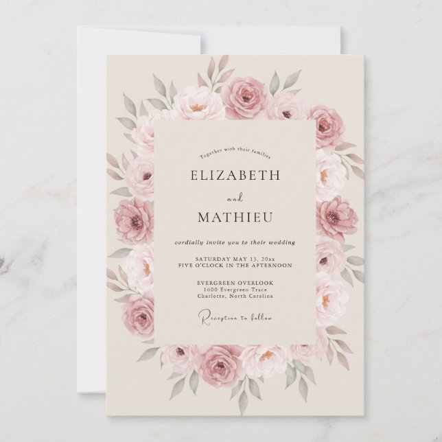 Dusty Rose Refined Floral Wedding Invitation (Front)