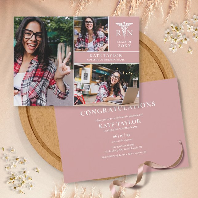 Dusty Rose RN Nursing 3 Photo Graduation Party Inv Invitation (Creator Uploaded)