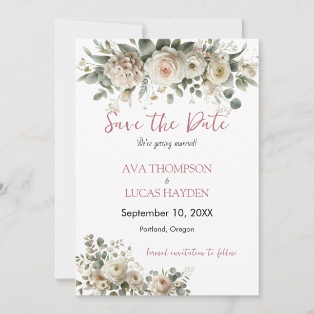 Dusty Rose Romantic Floral Save the Date Card (Front)