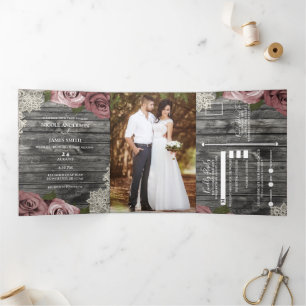 Dusty Rose Roses & Lace Rustic Grey Wood Wedding Tri-Fold Invitation