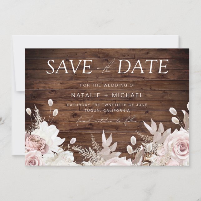 Dusty Rose & Rustic Boho Floral Blush Wedding Save The Date (Front)