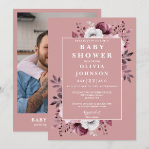 Dusty Rose Rustic Country Floral Photo Baby Shower Invitation