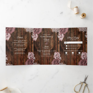 Dusty Rose Rustic Wood Trifold Wedding Program