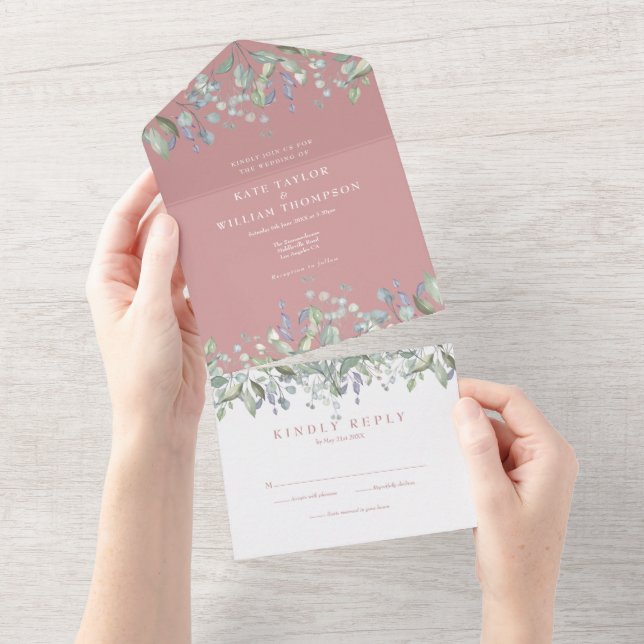 Dusty Rose Sage And Lilac Floral Monogram Wedding All In One Invitation (Tearaway)