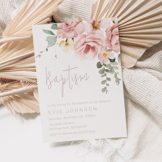 Dusty Rose & Sage Floral Baptism Invitation (Creator Uploaded)