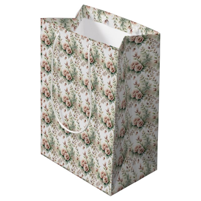 Dusty Rose Sage Green Floral Bridal Baby Shower Medium Gift Bag (Back Angled)