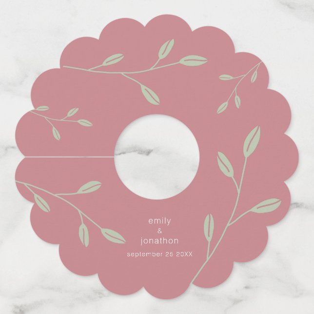 Dusty Rose Sage Green Leaves Names Date Wedding Wine Glass Tag (Front)