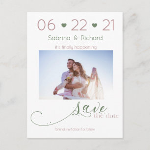 Dusty Rose & Sage  Photo Minimalist  Save the Date Postcard