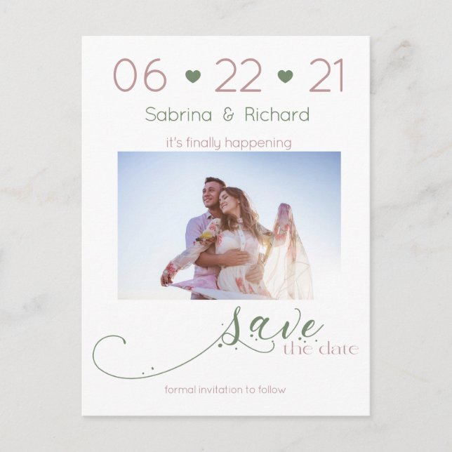 Dusty Rose & Sage  Photo Minimalist  Save the Date Postcard (Front)