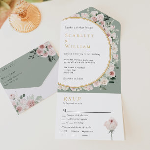 Dusty Rose Sage Vintage Menu Choice RSVP Wedding All In One Invitation