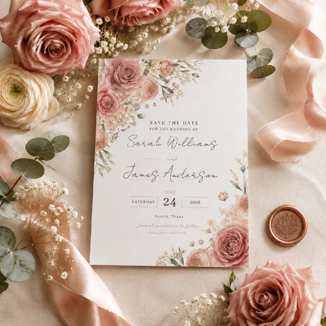 Dusty Rose Save the Date Card (Elegant flat lay featuring our Dusty Rose Romance Save the Date on premium ivory cardstock.)