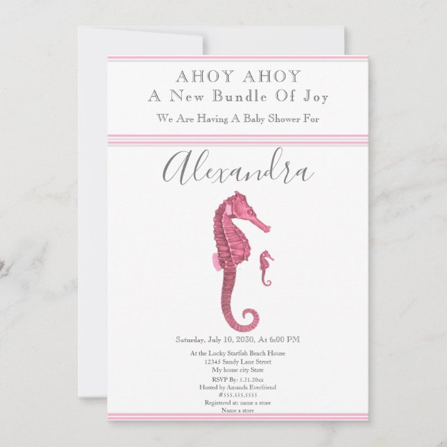 Dusty Rose  Seahorse Pink Girl Floral Baby Shower (Front)