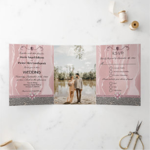 Dusty Rose Silk & Silver Foil & Pearls, Diamond Tr Tri-Fold Invitation