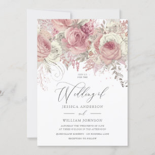 Dusty Rose Silver & Blush Enchanted Floral Wedding Invitation