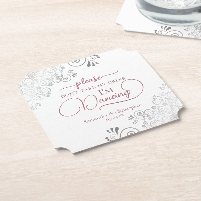Dusty Rose & Silver Don't Take My Drink Wedding Paper Coaster (Angled)