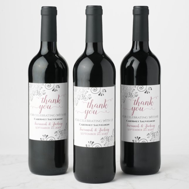 Dusty Rose & Silver Lace White Wedding Thank You Wine Label (Bottles)