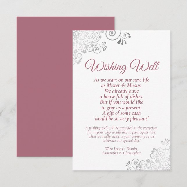 Dusty Rose Silver White Wedding Wishing Well Poem Enclosure Card (Front/Back)