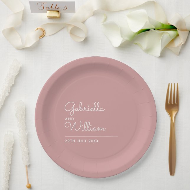 Dusty Rose Simple Elegant Script Wedding Paper Plate (Wedding)