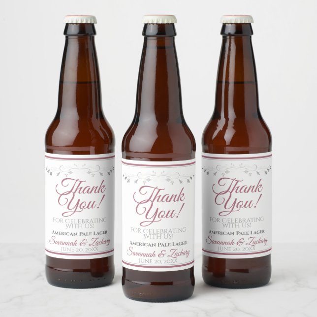 Dusty Rose Simple Elegant White Wedding Thank You Beer Bottle Label (Bottles)