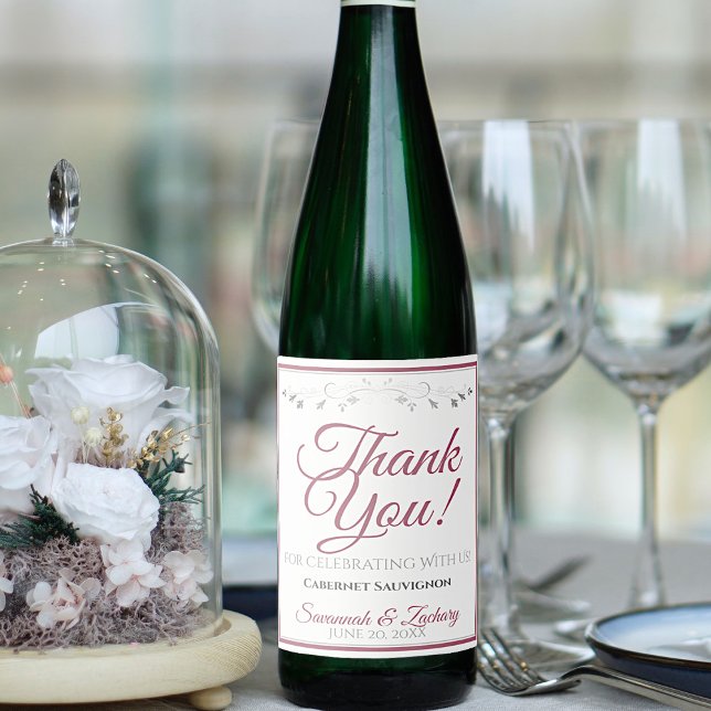 Dusty Rose Simple Elegant White Wedding Thank You Wine Label (Creator Uploaded)