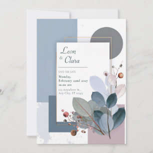 Dusty Rose Slate Blue Geometric Leaf Wedding Invitation