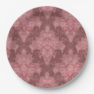 Dusty Rose Soft Pink Burgundy Elegant Damask  Paper Plate