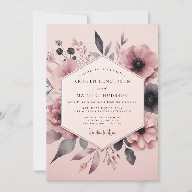 Dusty Rose Somber Bloom Wedding Invitation (Front)