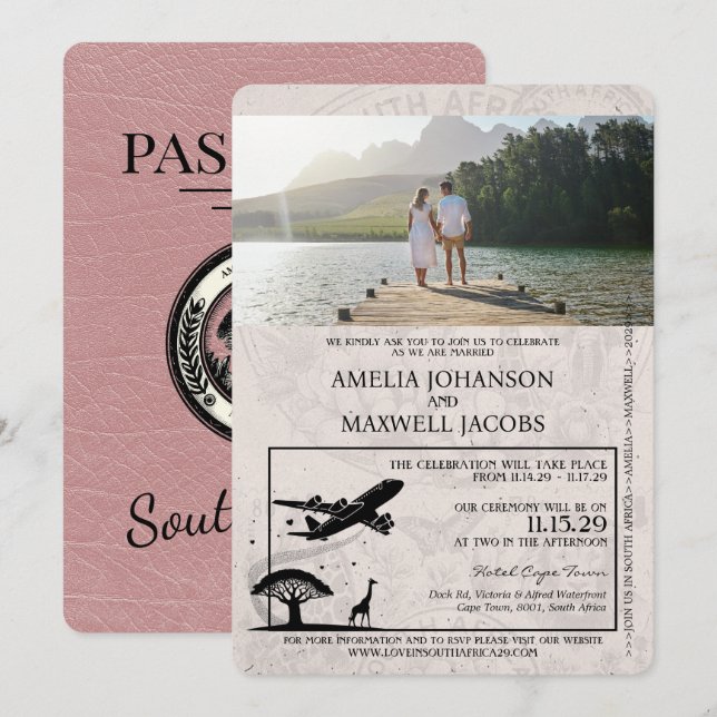 Dusty Rose South Africa Passport Wedding Invitation (Front/Back)