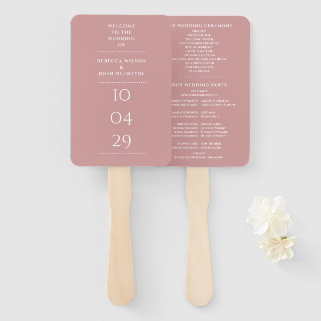 Dusty Rose Special Date Wedding Program Hand Fan (Front and Back)