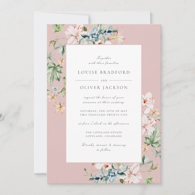 Dusty Rose Spring Watercolor Floral Dusty Wedding Invitation (Front)