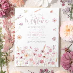 Dusty Rose Spring Wildflowers First Birthday Invitation