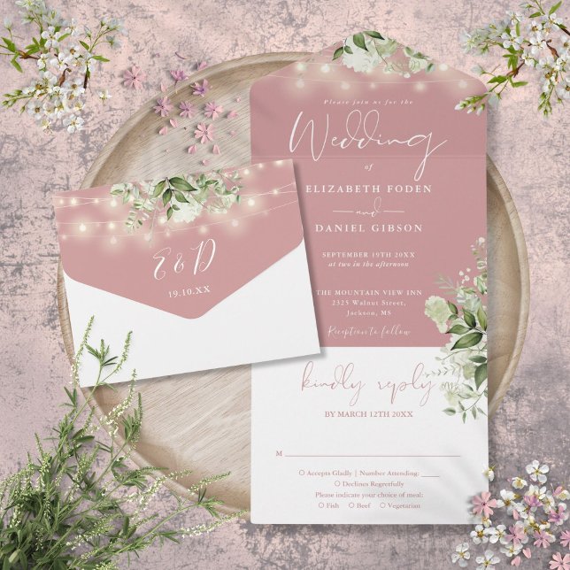 Dusty Rose String Lights Greenery Monogram Wedding All In One Invitation (Dusty Rose String Lights Greenery Monogram Wedding All In One Invitation)