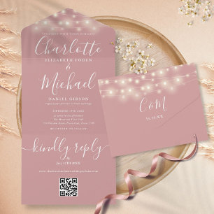 Dusty Rose String Lights QR Code Monogram Wedding  All In One Invitation
