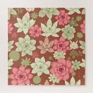 Dusty Rose Terracotta Succulent Echeveria Floral Jigsaw Puzzle