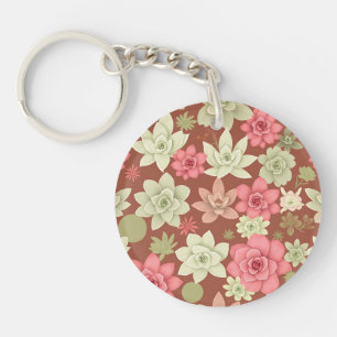 Dusty Rose Terracotta Succulent Echeveria Floral Key Ring
