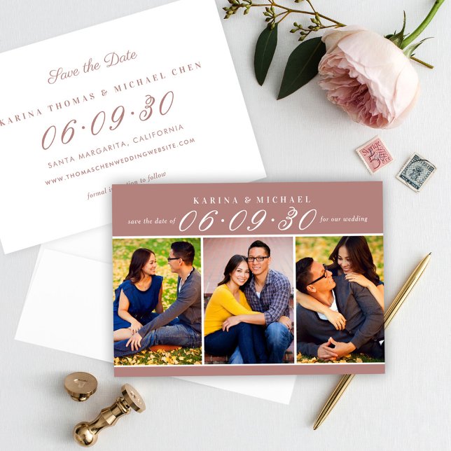 Dusty Rose Three Photo Collage Wedding Save The Date (Creator Uploaded)