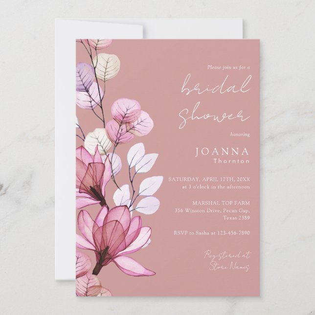 Dusty Rose Transparent Floral Bridal Shower Invitation (Front)