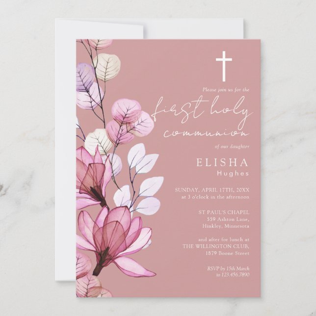 Dusty Rose Transparent Floral First Holy Communion Invitation (Front)