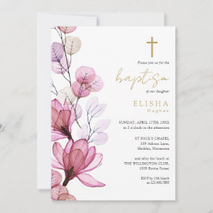 Dusty Rose Transparent Floral Monogram Baptism Invitation