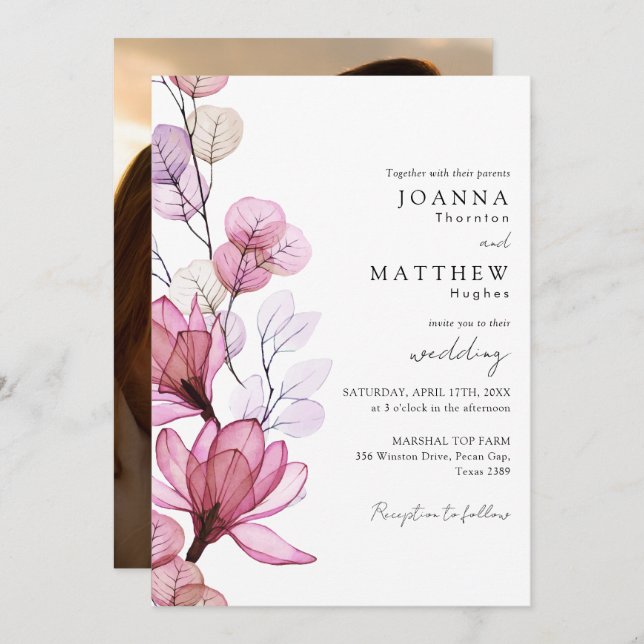 Dusty Rose Transparent Floral Photo Wedding Invitation (Front/Back)