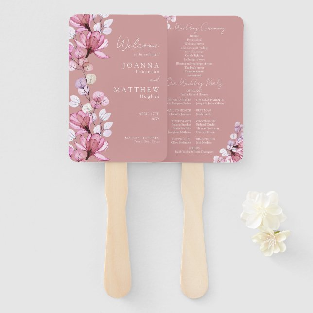 Dusty Rose Transparent Floral Wedding Program Hand Fan (Front and Back)