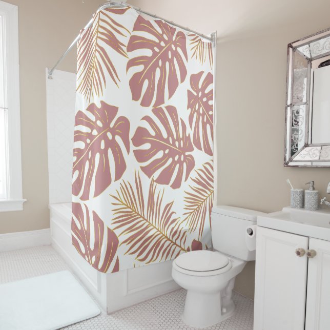 Dusty rose tropical leaves with gold outline shower curtain (In Situ)